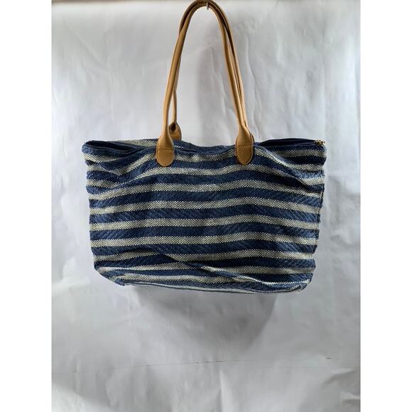 H&M Women's Blue-White Straw Woven Striped Shoulder Bag - Picture 2 of 13